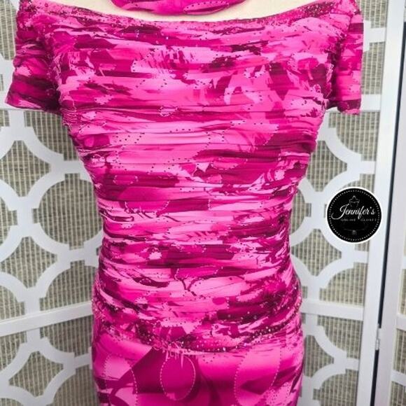 Capri by Mon Cheri Hot Pink Ruched Beaded Bodice A-Line Flared Long Dress 10/12 - Picture 4 of 14